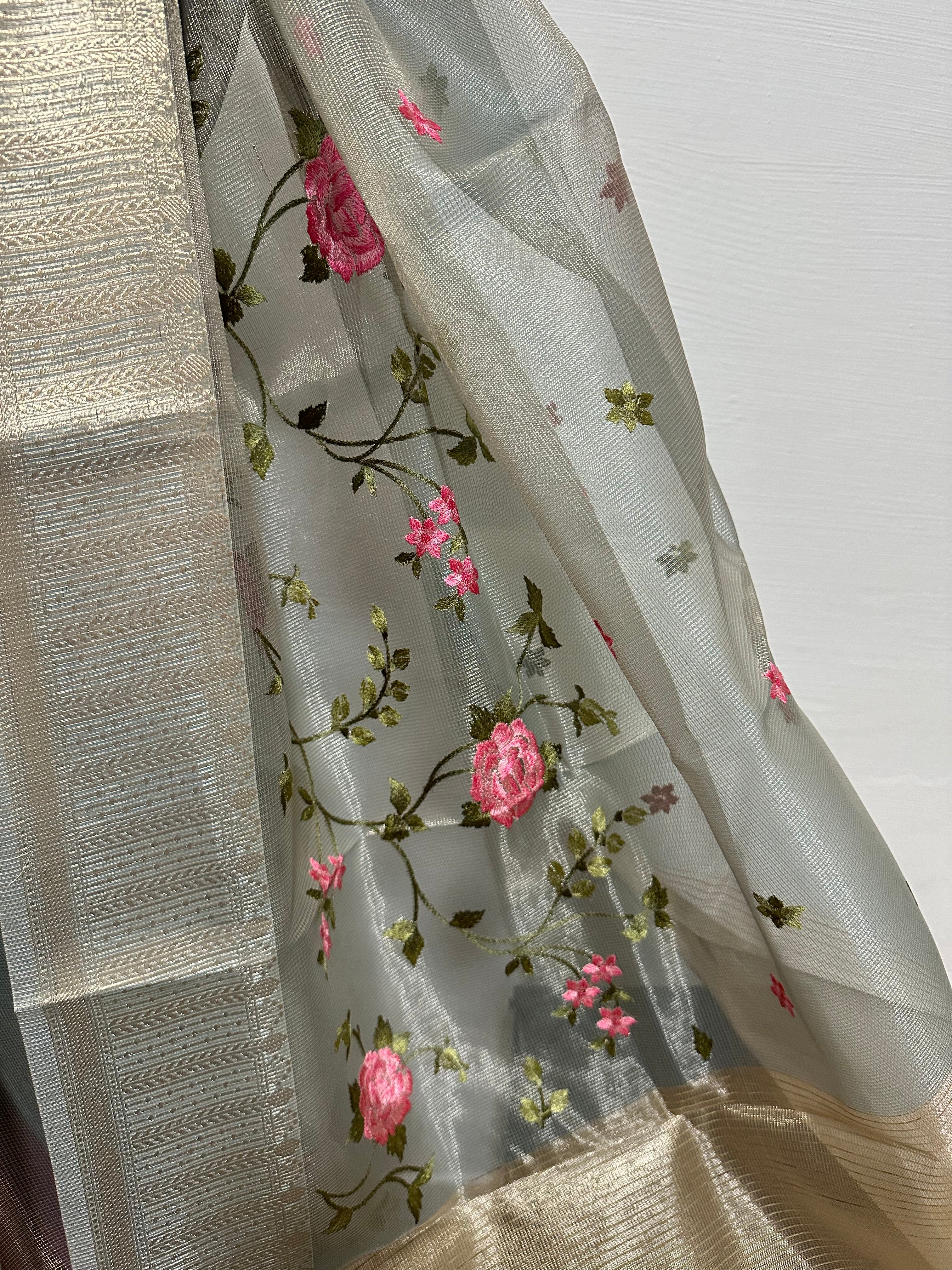 Tissue Silk Embroidery Saree - Grey