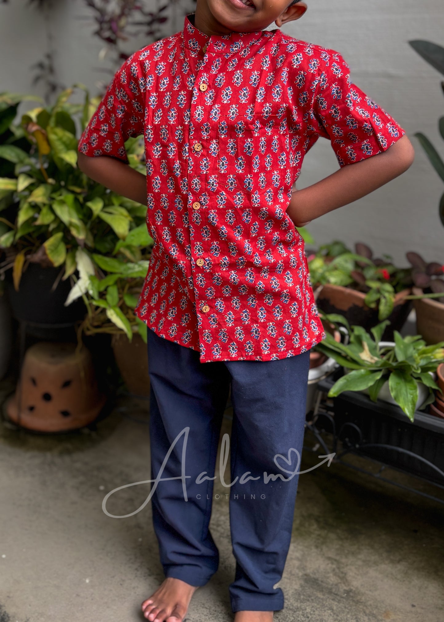 Boy Red Block Printed Short Sleeve Shirt