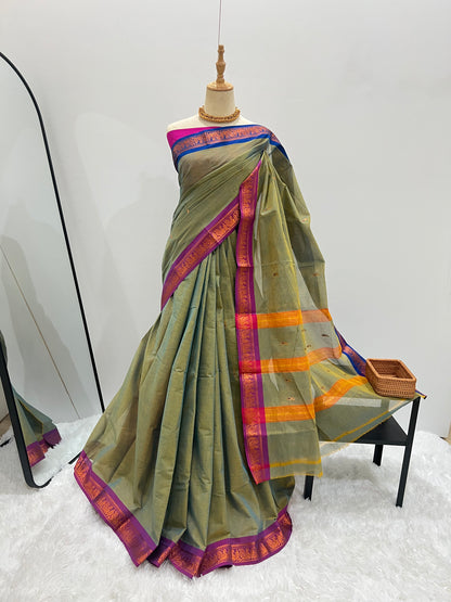 Kanchi Cotton Saree - Dual Tone Olive Green with Ganga Jamuna Border