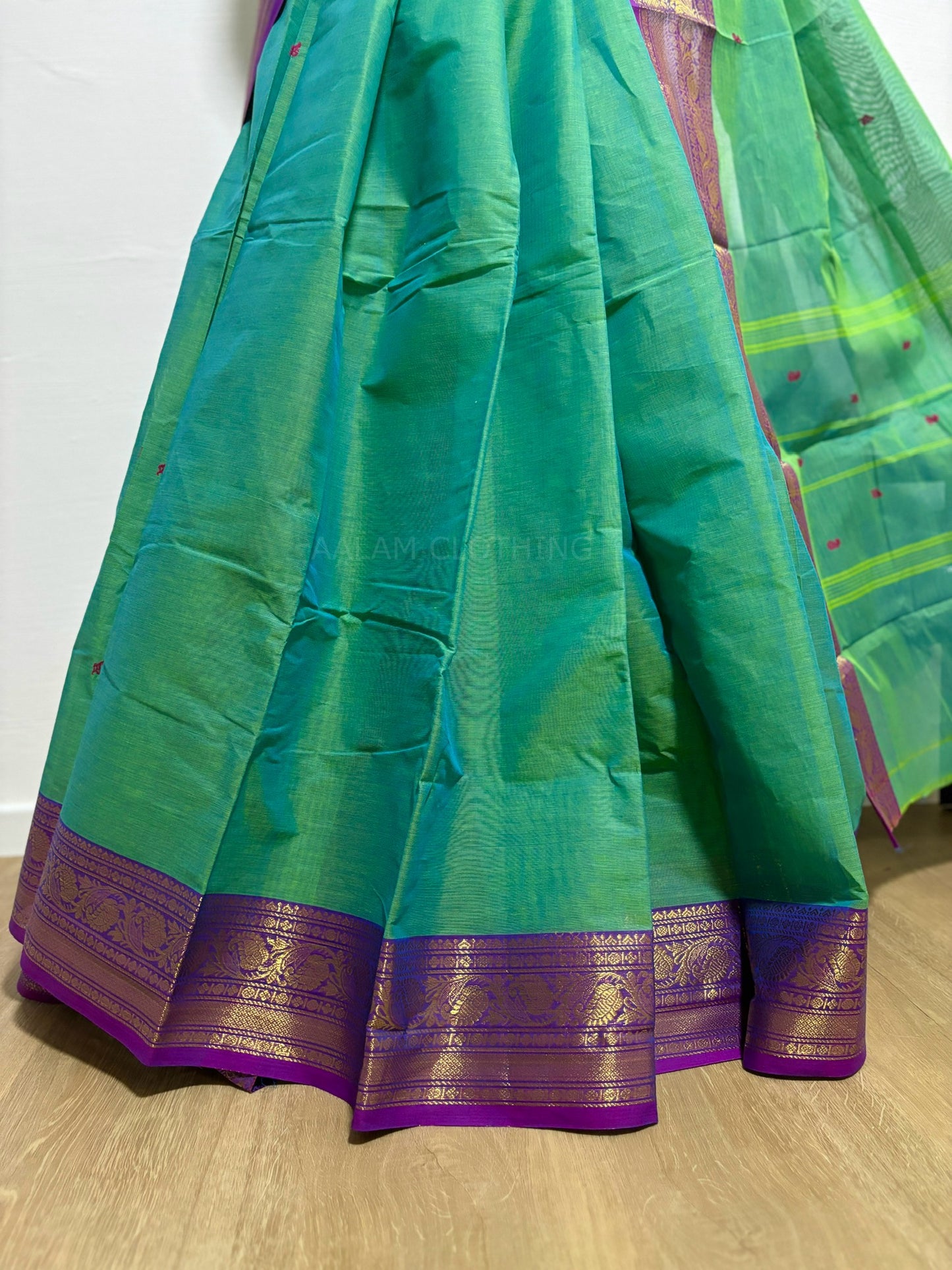 Cotton Saree - Green w Purple Border