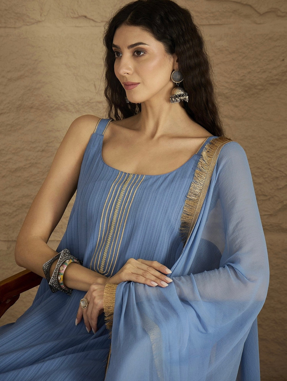 Sleeveless Kurta Set - Blue & Gold