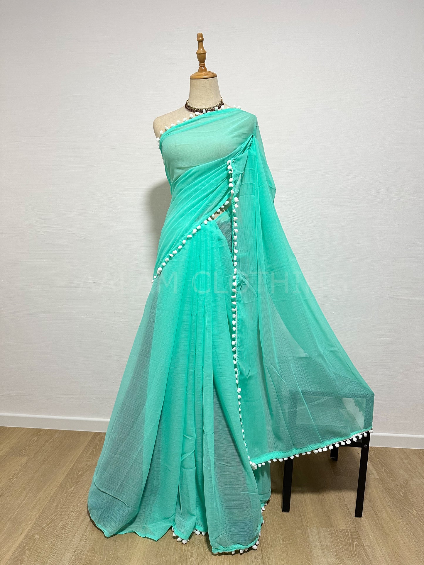 Georgette Pom Pom Saree - Green