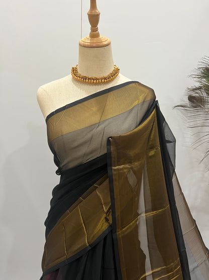 Chiffon Saree with Gold Border & Aari Blouse - Black