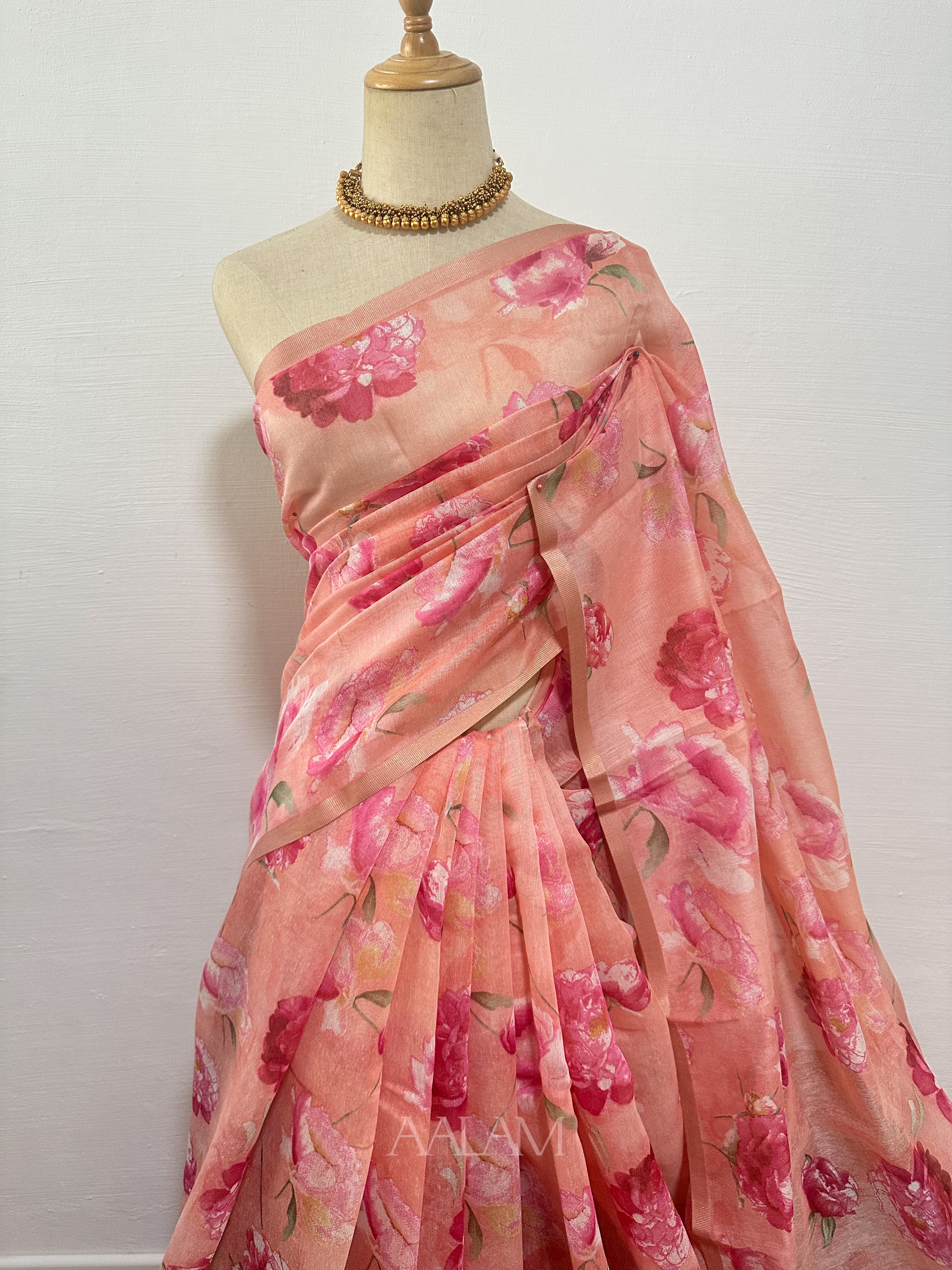 Floral Soft Linen Saree - Pink