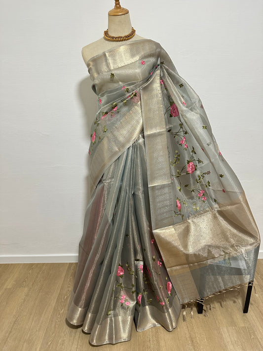 Tissue Silk Embroidery Saree - Grey