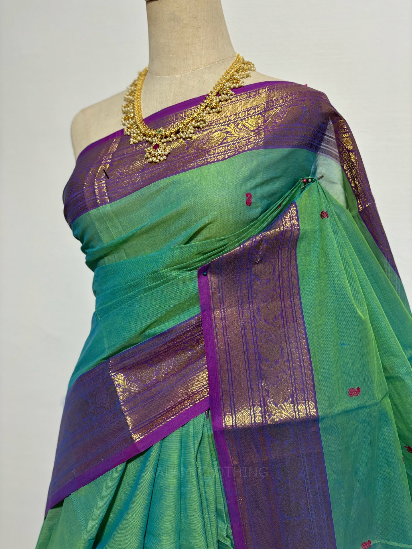 Cotton Saree - Green w Purple Border