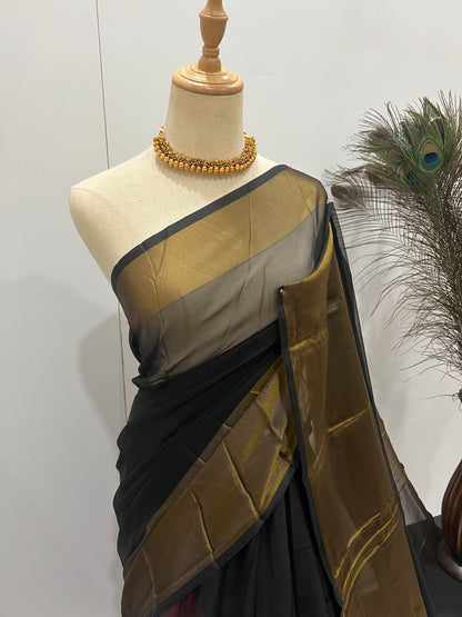 Chiffon Saree with Gold Border & Aari Blouse - Black