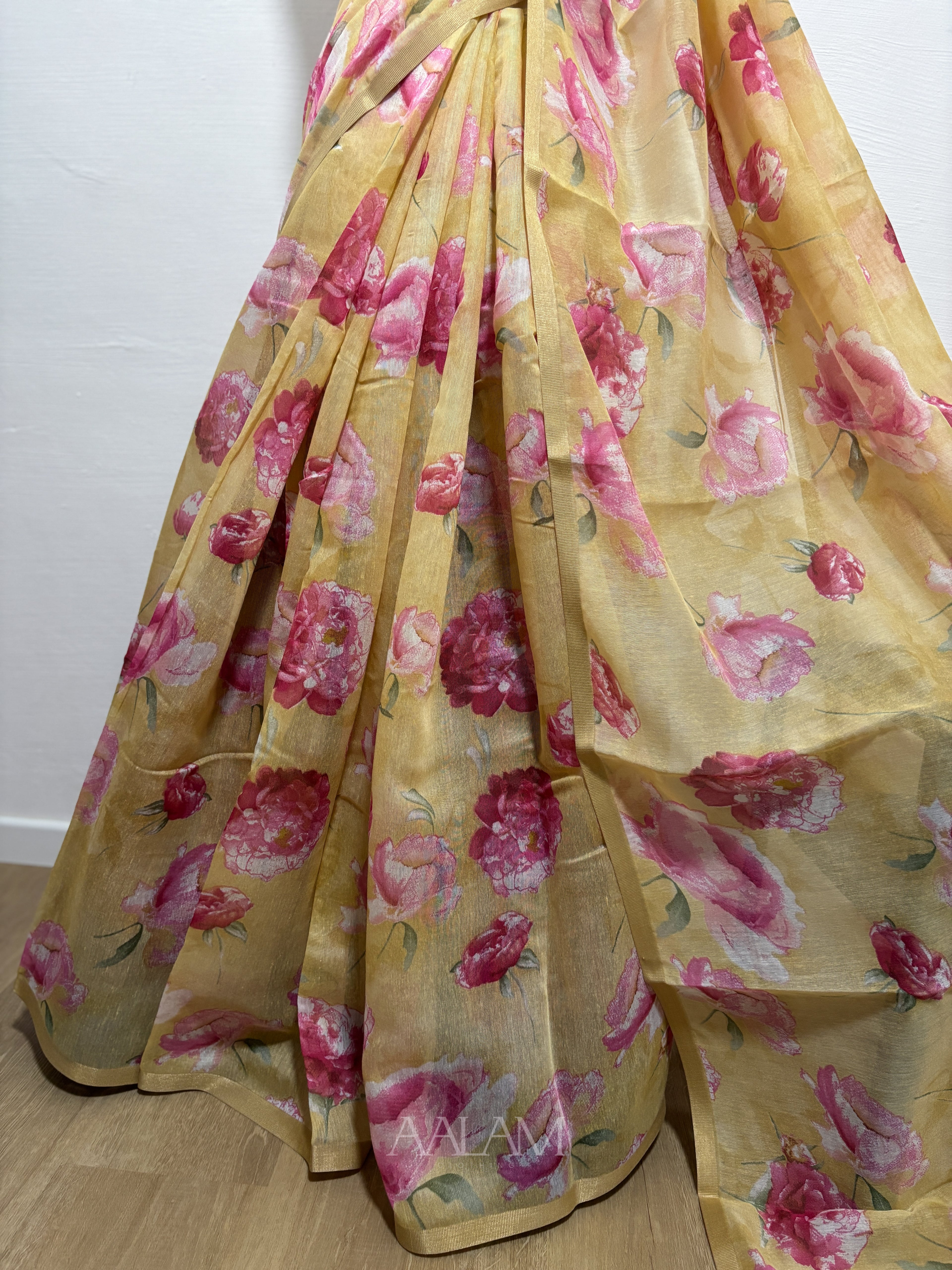 Floral Soft Linen Saree - Mustard