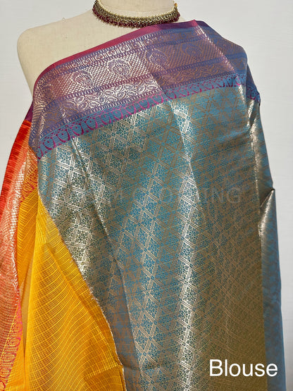 Yellow Cotton Kota Soft Silk Saree - Blue & Pink Border