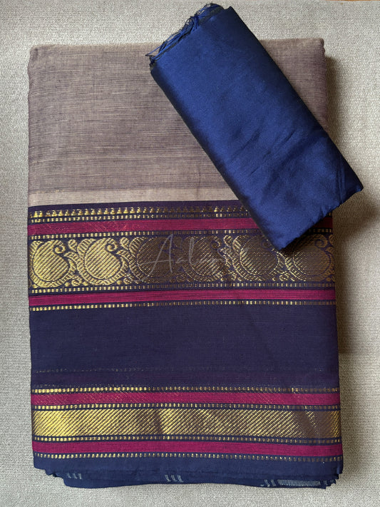 Cotton Saree - Grey with Navy Blue Border