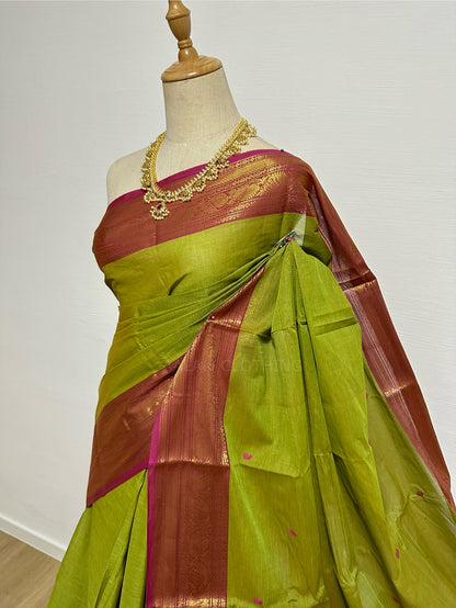 Cotton Saree - Parrot Green & Pink