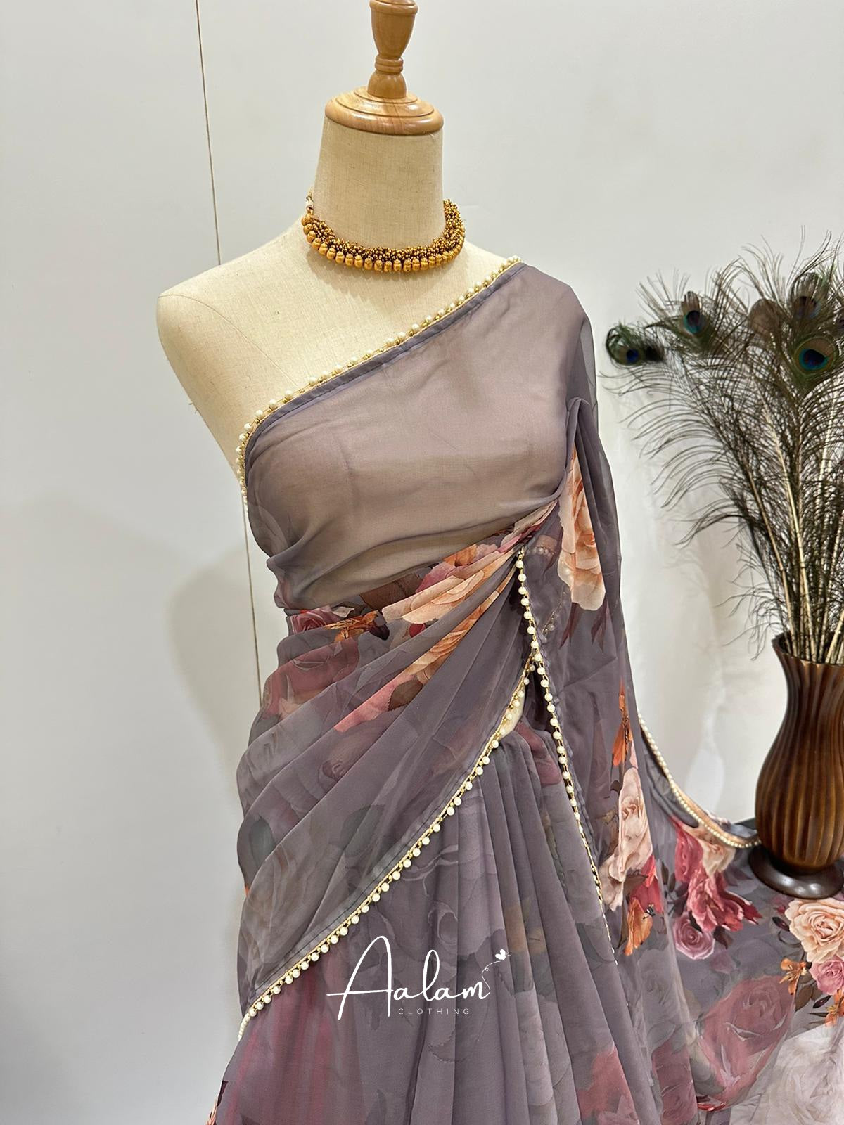 Floral Pearl Lace Saree - Purplish Grey