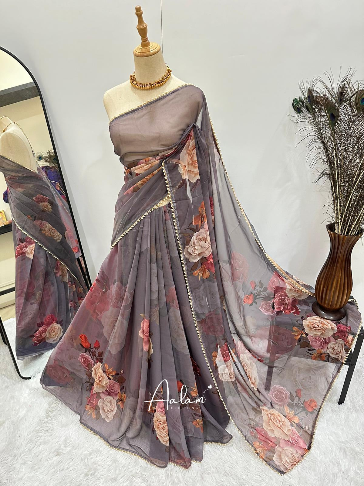 Floral Pearl Lace Saree - Purplish Grey