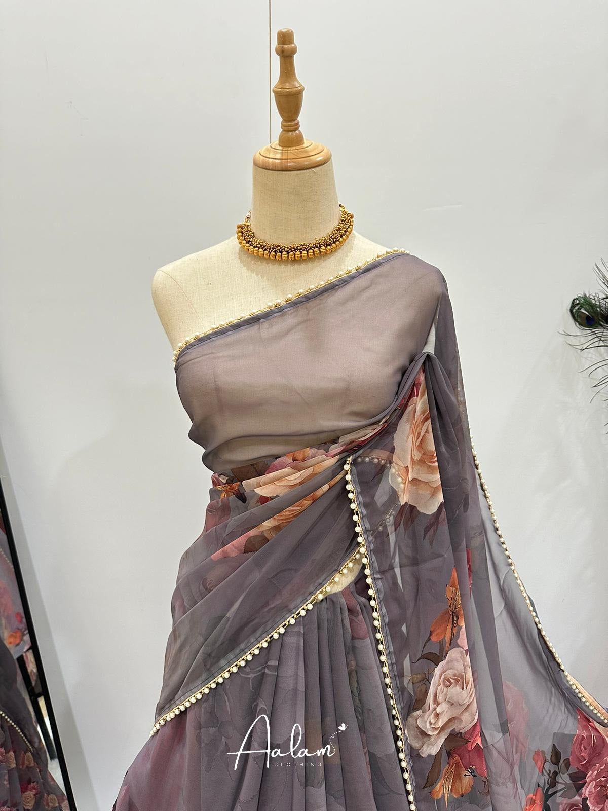 Floral Pearl Lace Saree - Purplish Grey