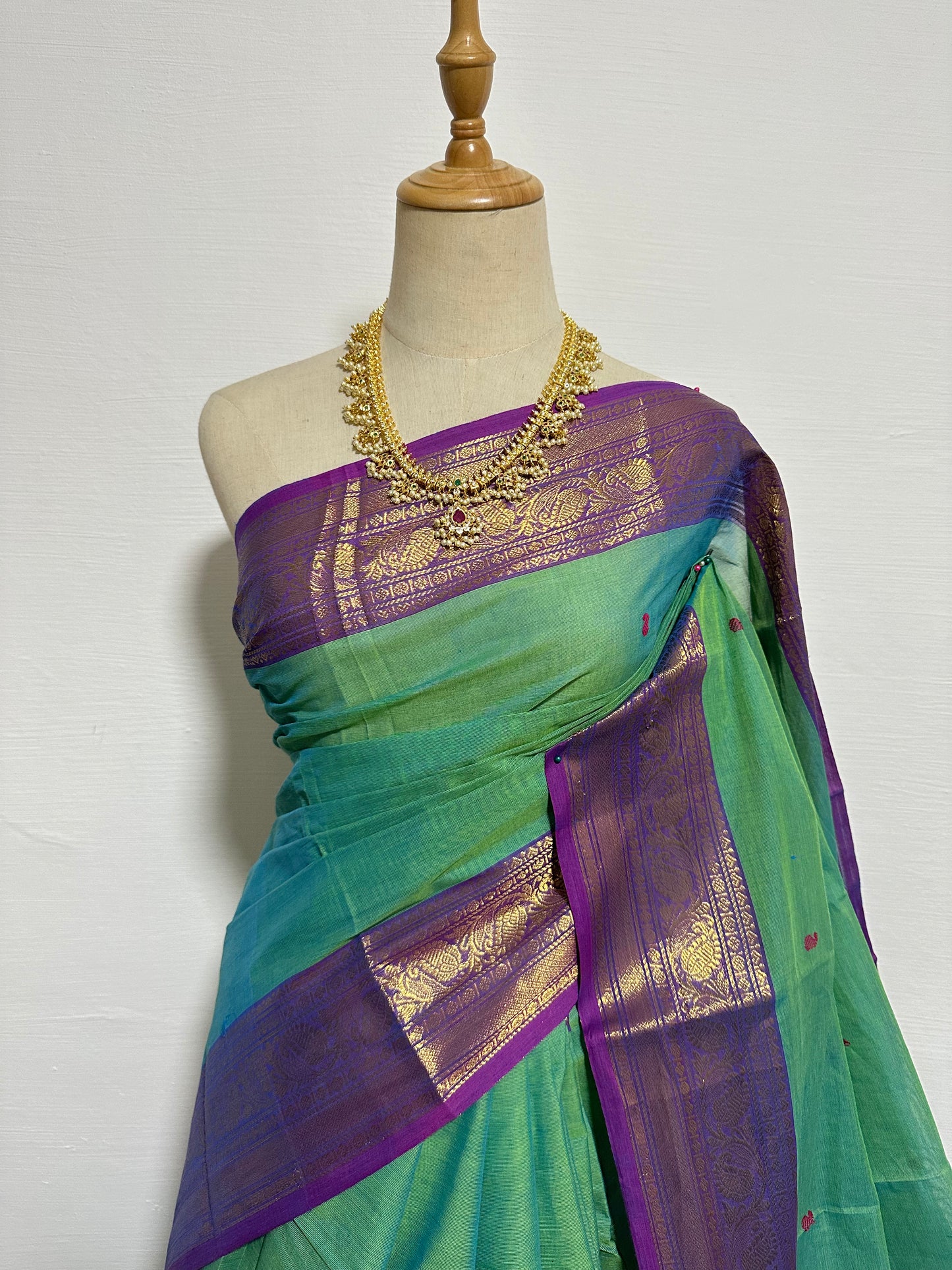 Cotton Saree - Green w Purple Border