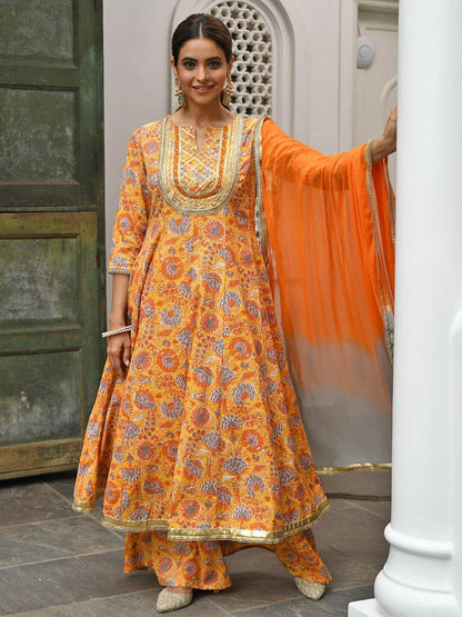 Orange Cotton Embroidered Kurta & Palazzo Set