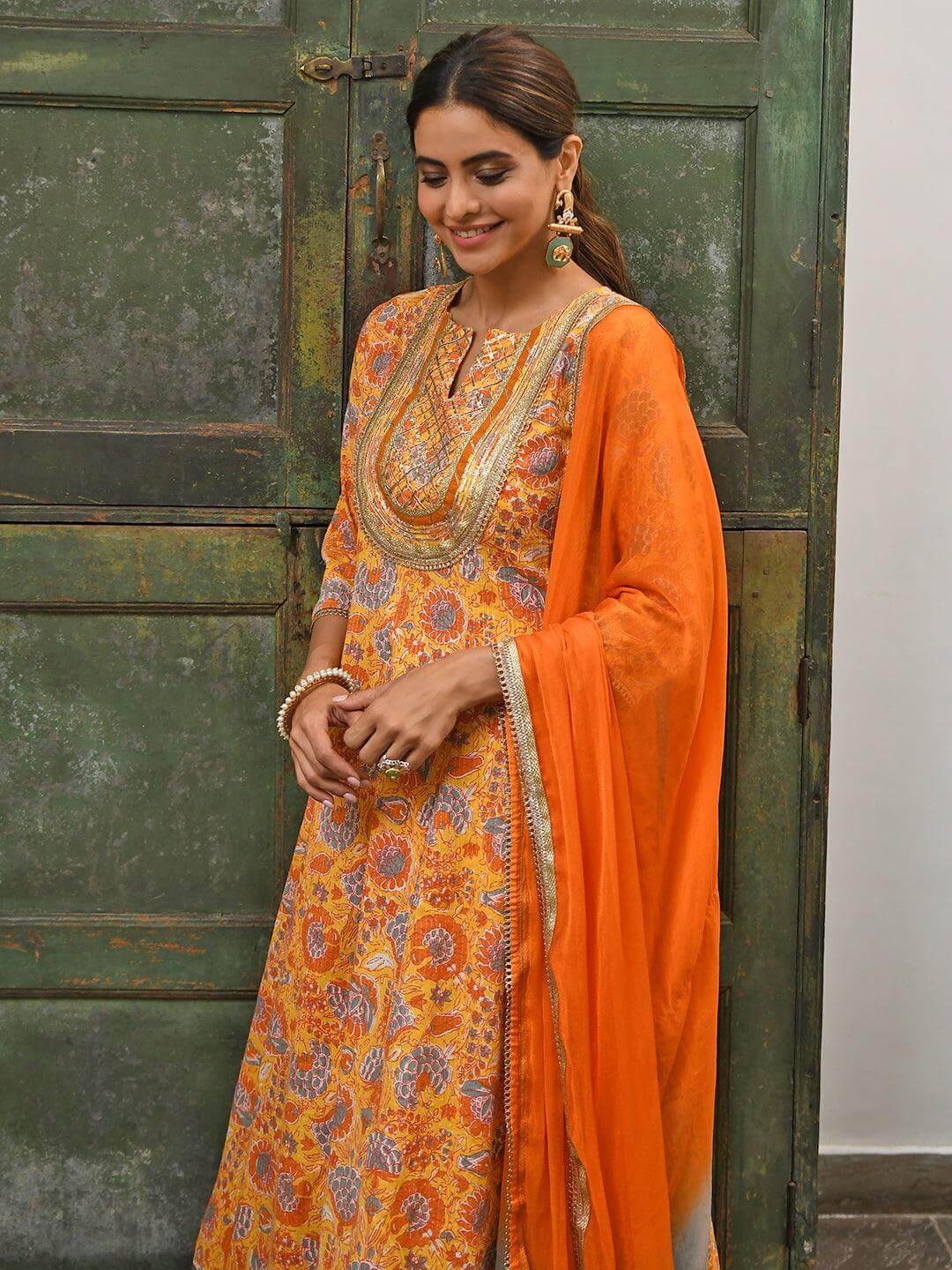 Orange Cotton Embroidered Kurta & Palazzo Set