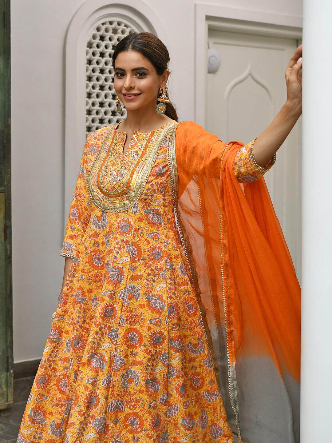 Orange Cotton Embroidered Kurta & Palazzo Set