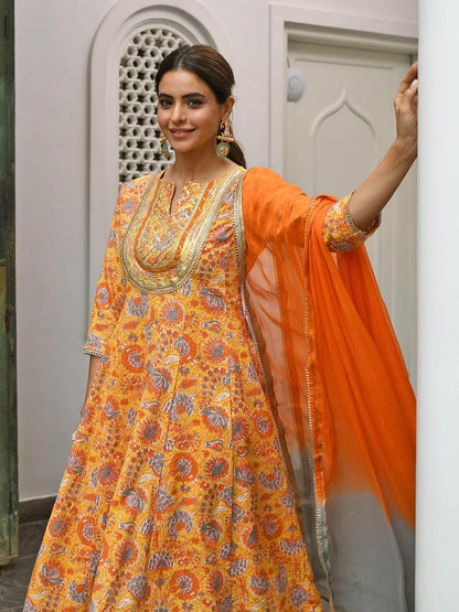 Orange Cotton Embroidered Kurta & Palazzo Set