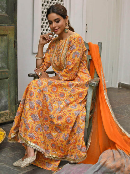 Orange Cotton Embroidered Kurta & Palazzo Set