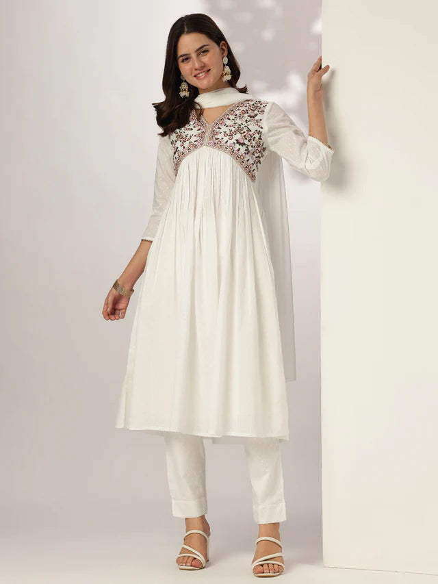 White Pure Cotton Embroidered A-line Kurta Set