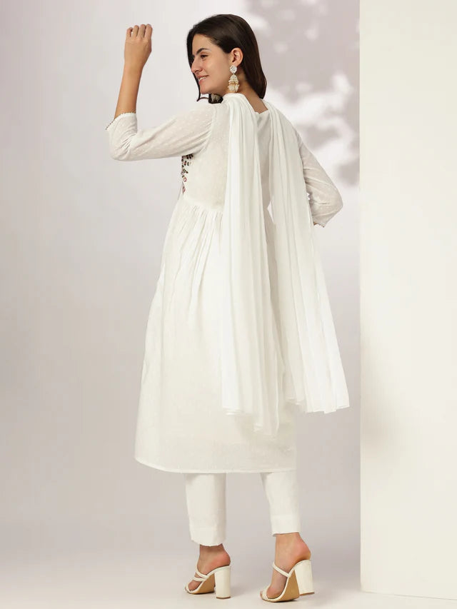 White Pure Cotton Embroidered A-line Kurta Set