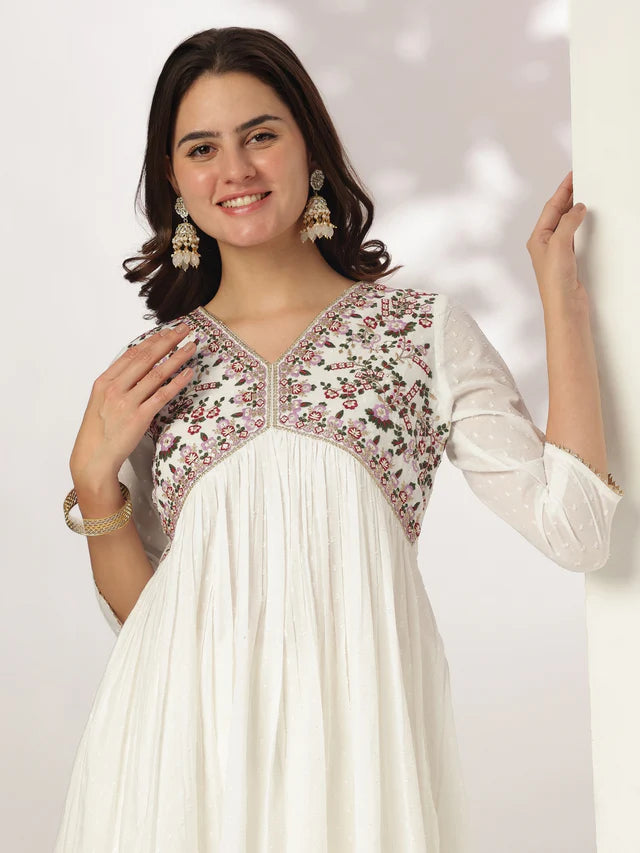 White Pure Cotton Embroidered A-line Kurta Set