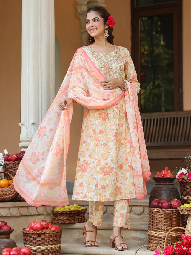 Cream Pure Cotton Floral Printed Yoke Embroidered A-line Kurta Set