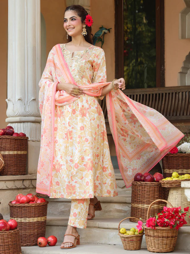 Cream Pure Cotton Floral Printed Yoke Embroidered A-line Kurta Set