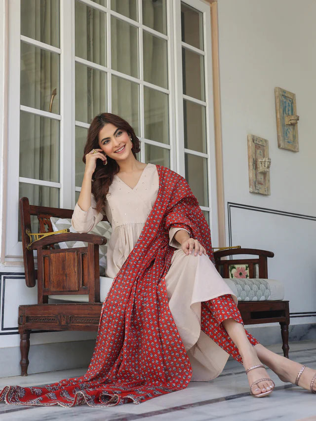 Beige Pure Cotton Floral Printed A-line Kurta Set