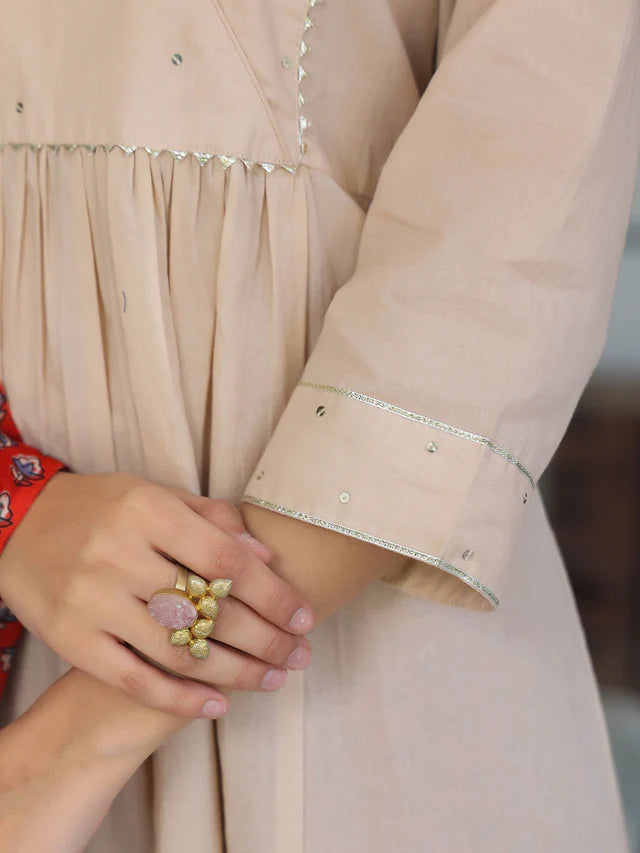 Beige Pure Cotton Floral Printed A-line Kurta Set