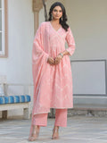 Peach Pure Cotton Embroidered A-line Kurta Set