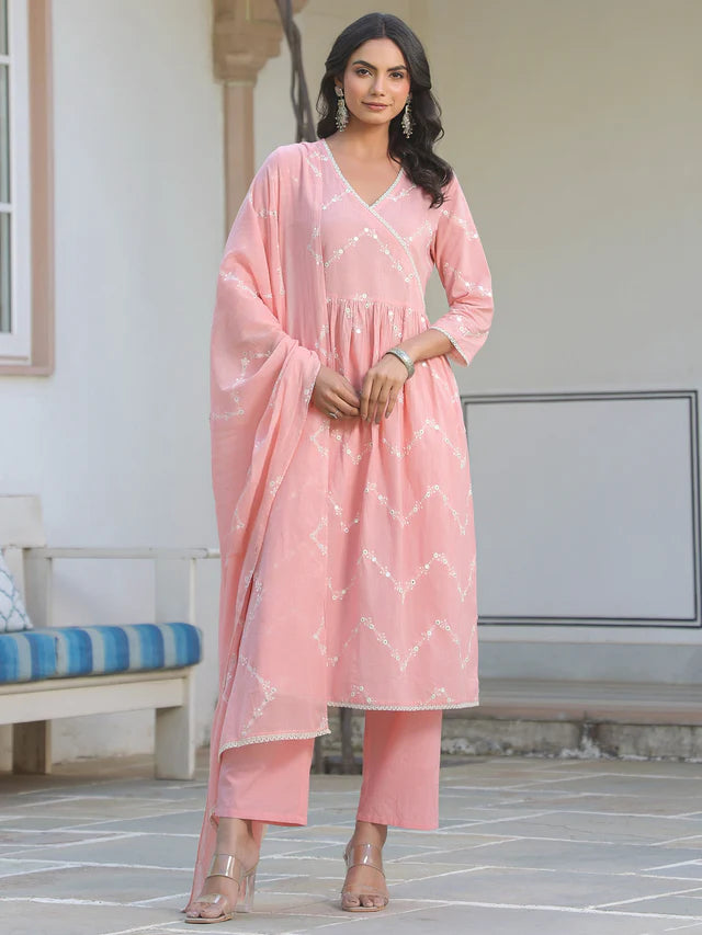 Peach Pure Cotton Embroidered A-line Kurta Set