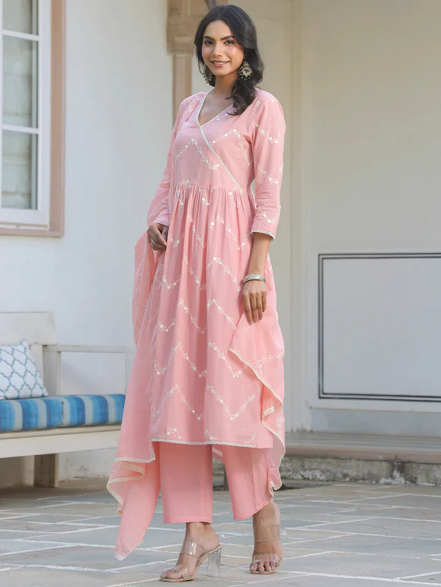 Peach Pure Cotton Embroidered A-line Kurta Set