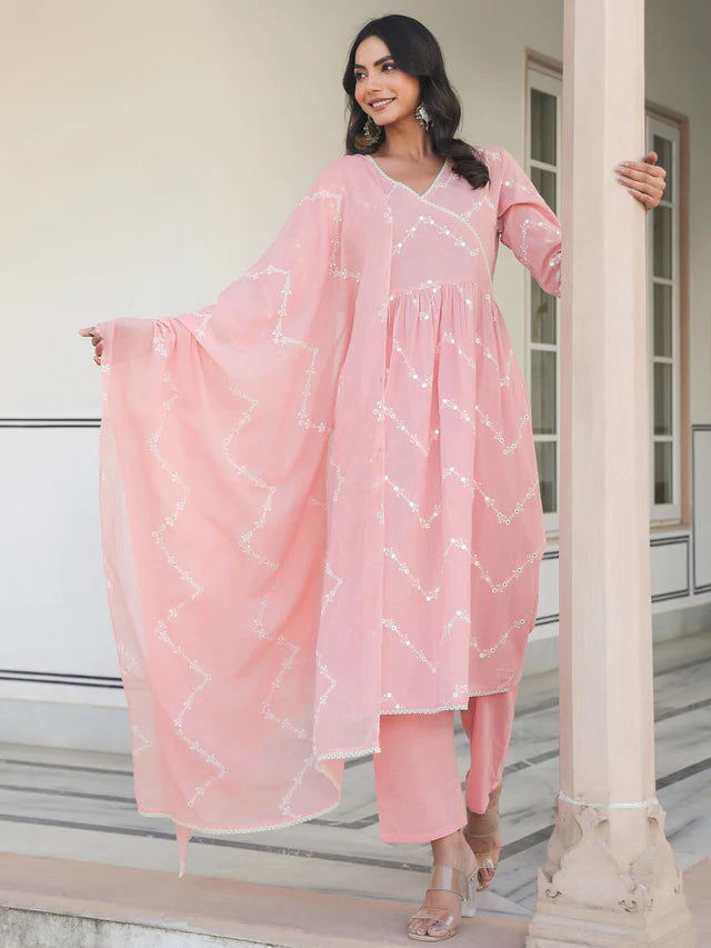 Peach Pure Cotton Embroidered A-line Kurta Set