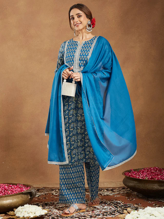 Teal Blue Pure Cotton Yoke Design Floral Printed Straight Kurta Set