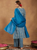 Teal Blue Pure Cotton Yoke Design Floral Printed Straight Kurta Set