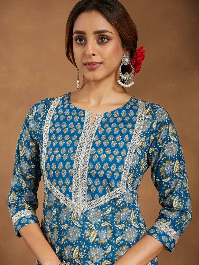 Teal Blue Pure Cotton Yoke Design Floral Printed Straight Kurta Set