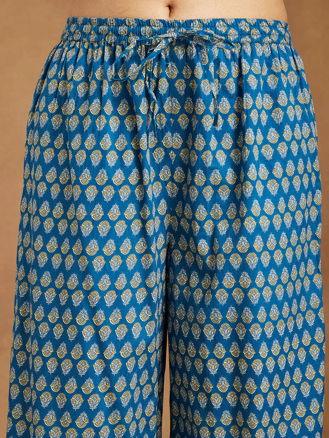 Teal Blue Pure Cotton Yoke Design Floral Printed Straight Kurta Set