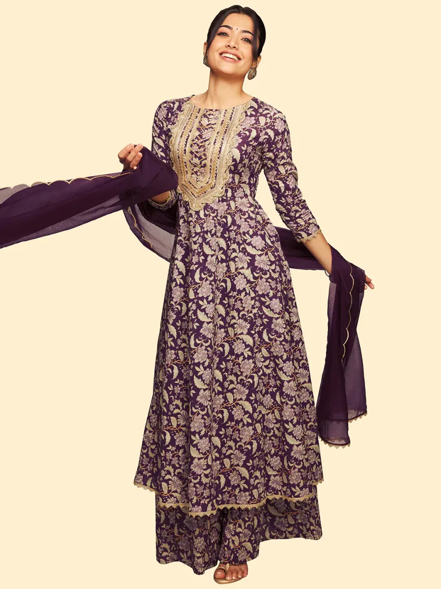 Violet Cotton Floral Printed Kurta & Palazzo Set