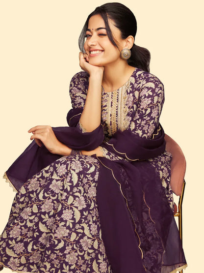 Violet Cotton Floral Printed Kurta & Palazzo Set