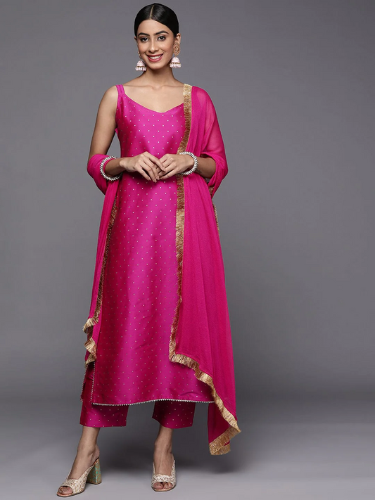 Printed Kurta With Trousers & Dupatta - Magenta