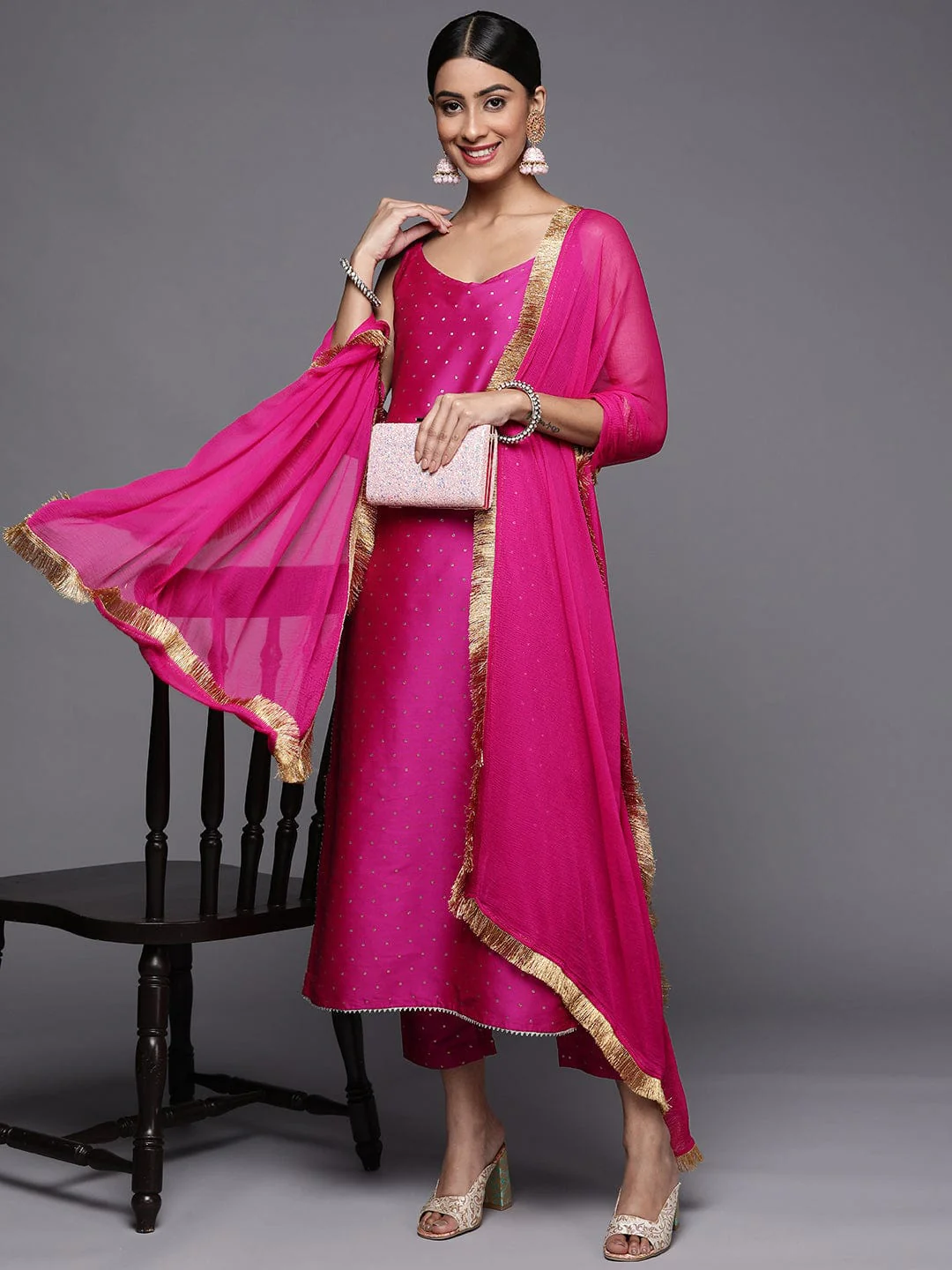 Printed Kurta With Trousers & Dupatta - Magenta