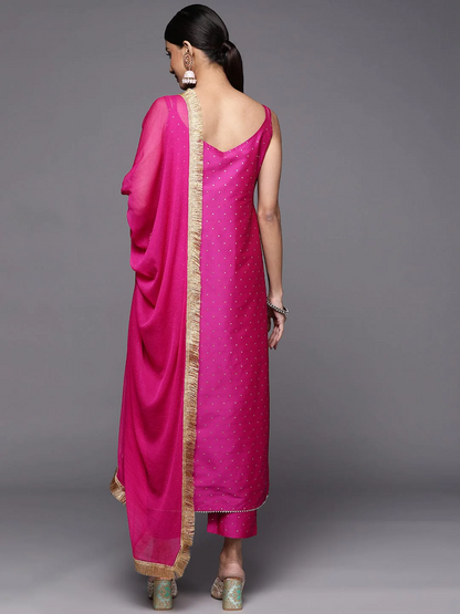 Printed Kurta With Trousers & Dupatta - Magenta