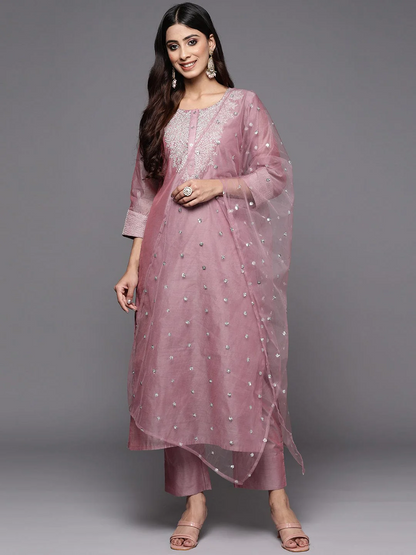 Zari Yoke Design Chanderi Silk Kurta With Trousers & Dupatta - Mauve