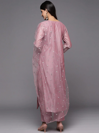 Zari Yoke Design Chanderi Silk Kurta With Trousers & Dupatta - Mauve