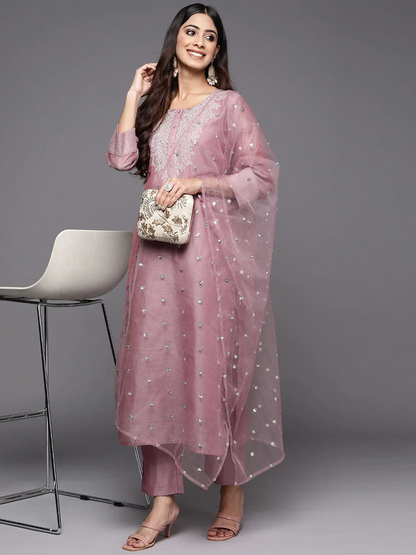 Zari Yoke Design Chanderi Silk Kurta With Trousers & Dupatta - Mauve