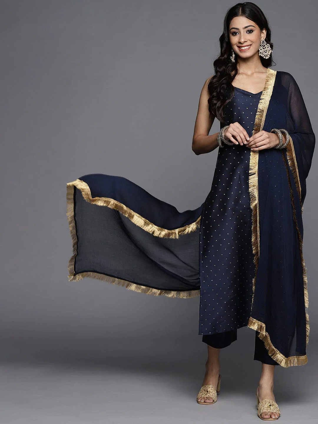 Navy Blue Printed Kurta With Trousers & Dupatta