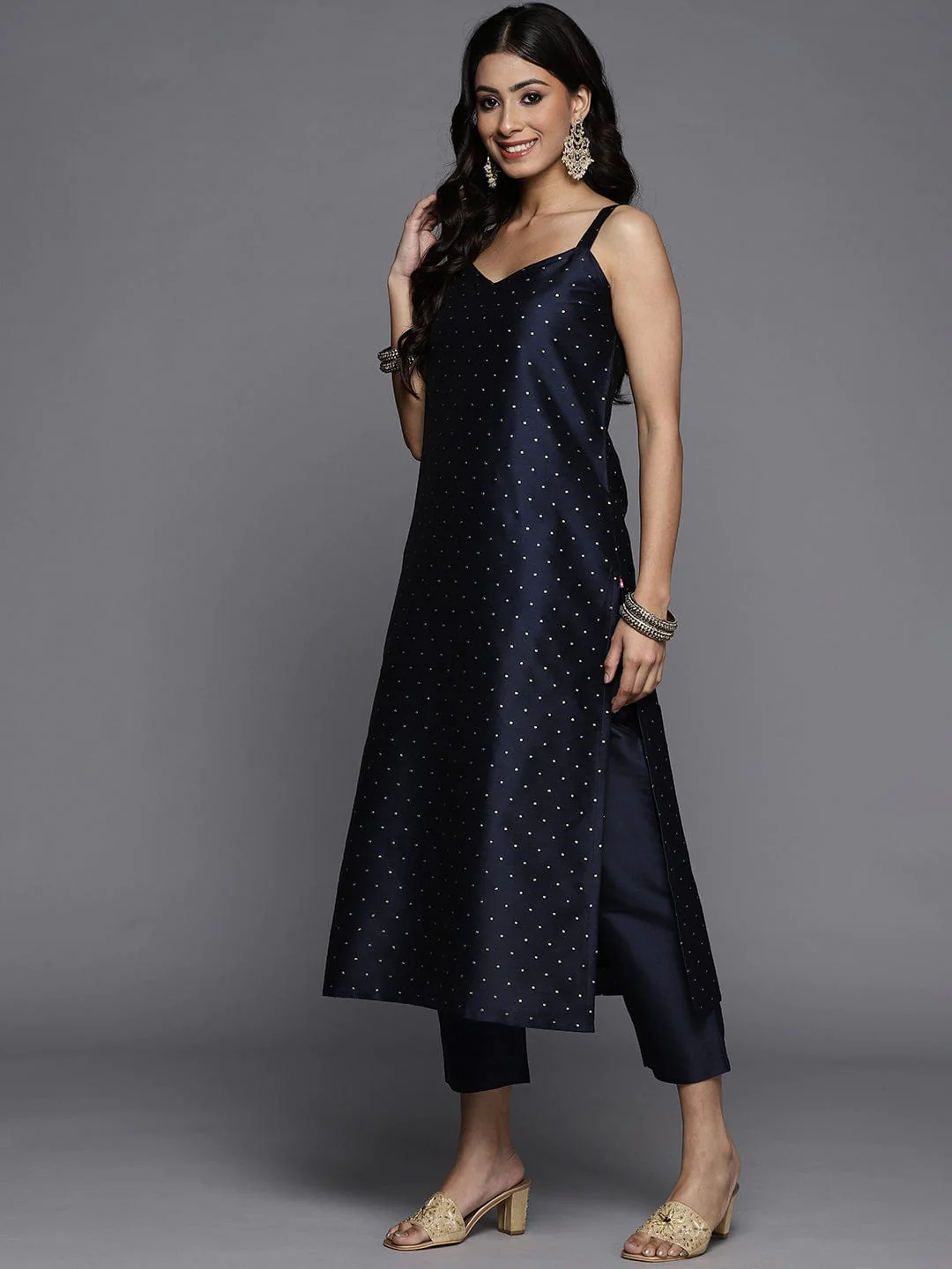 Navy Blue Printed Kurta With Trousers & Dupatta