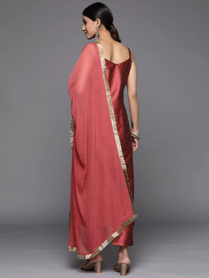 Maroon Embroidered Straight Kurta, Round Neck With Side Slits